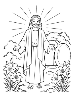 Free printable Resurrected Jesus Outside Open Tomb coloring page