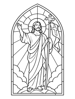 A catholic easter coloring page showing the risen Jesus holding a banner in an arched stained glass window.