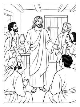 A catholic easter coloring page showing the risen Jesus greeting His joyful disciples in a room.