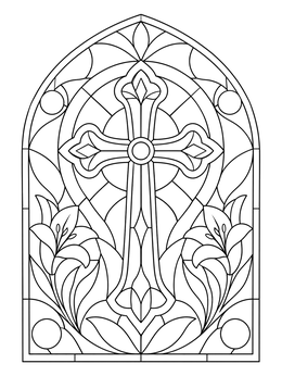 An ornate cross and blooming lilies in this catholic easter coloring page.