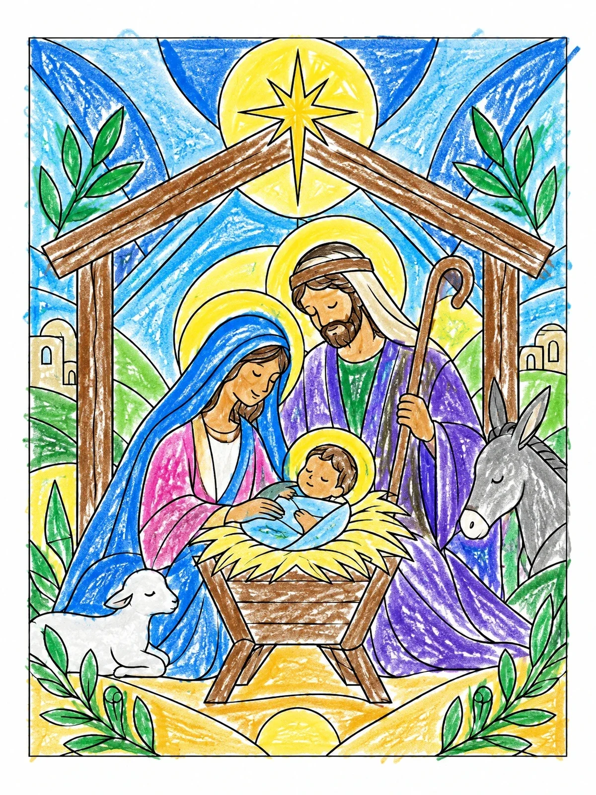 Colored example of the Holy Family Nativity Scene coloring page