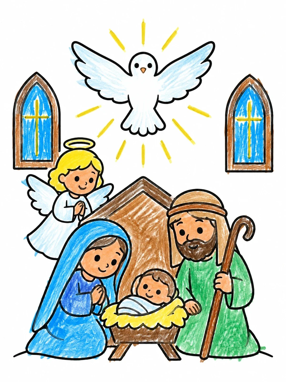 Colored example of the Nativity Scene With Holy Spirit Dove coloring page