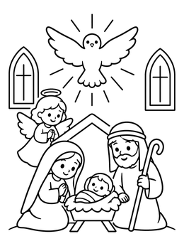 Free printable Nativity Scene With Holy Spirit Dove coloring page