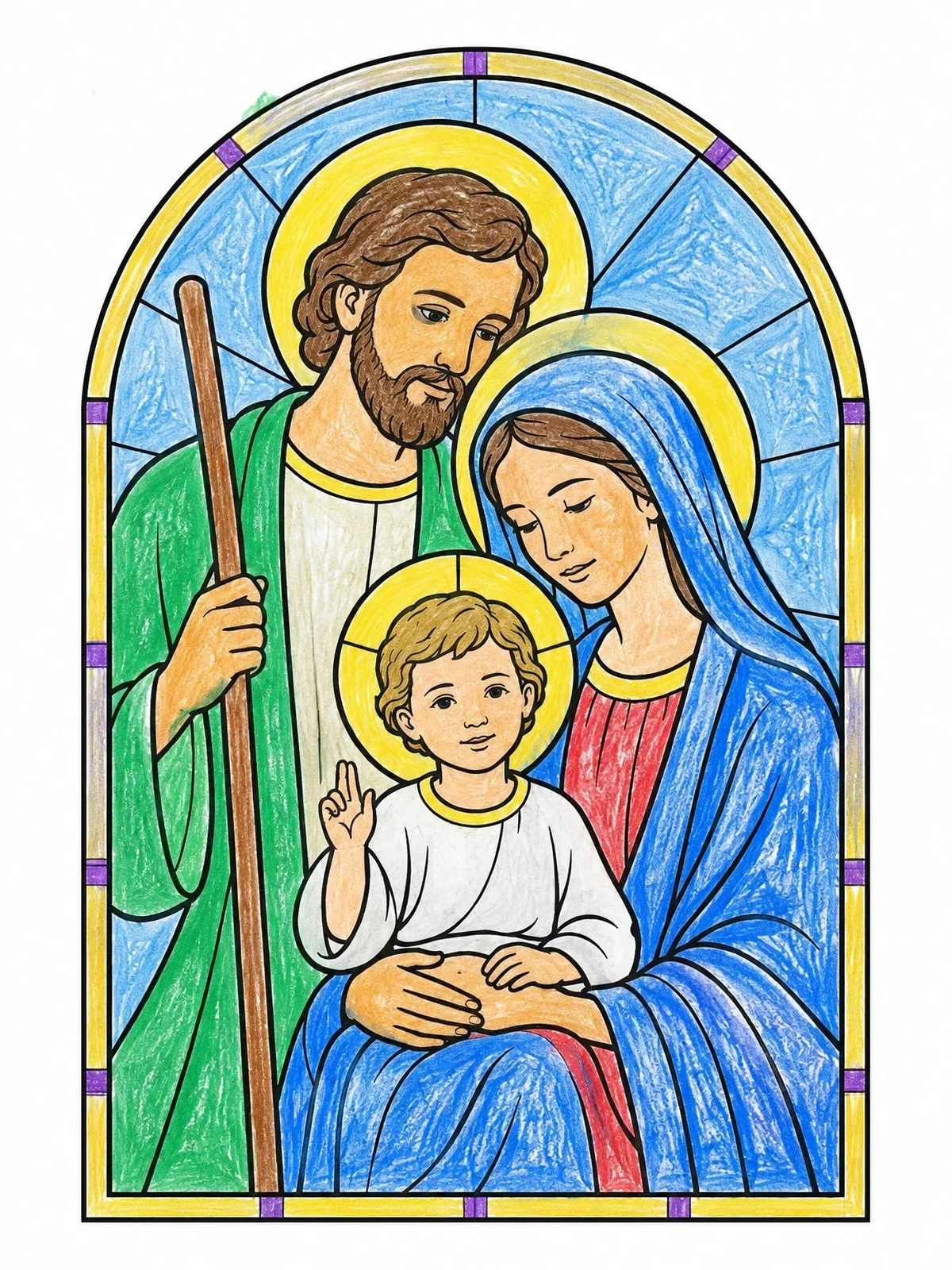 Colored example of the Holy Family Stained Glass Window coloring page