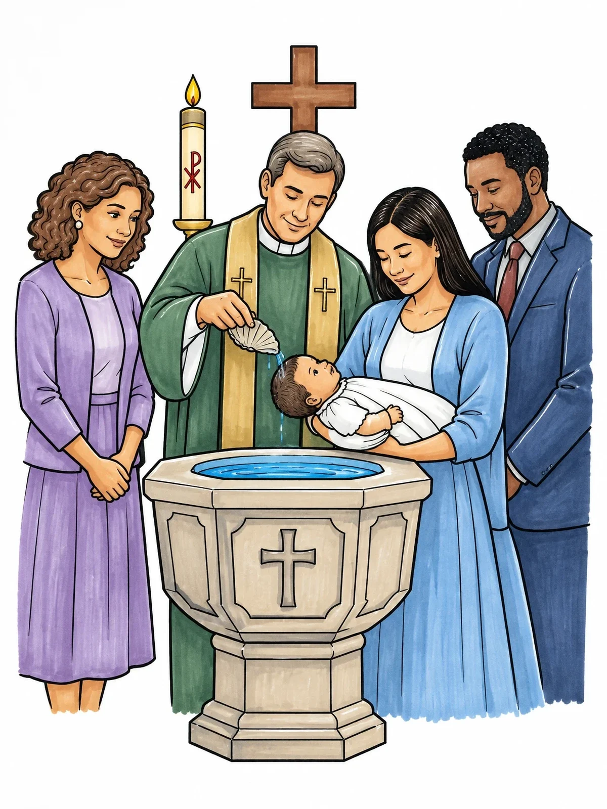 Colored example of the Catholic Infant Baptism At Font coloring page