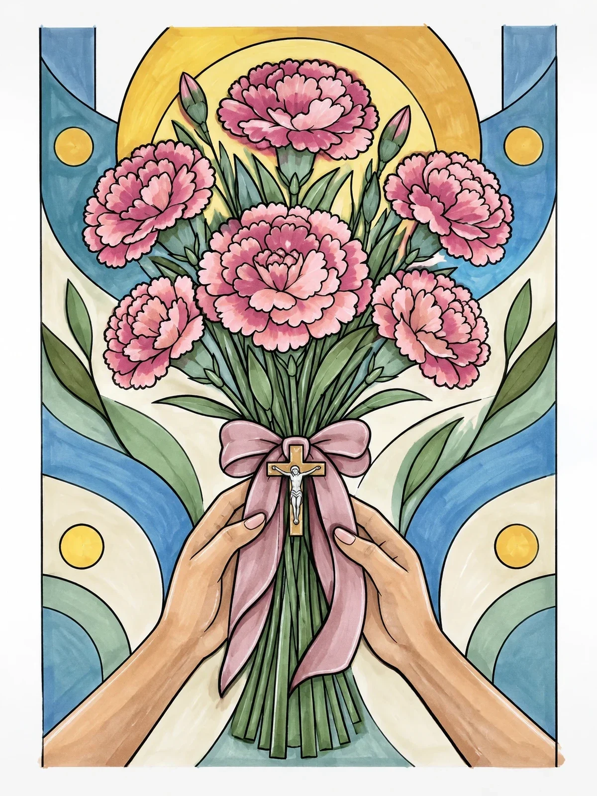 Colored example of the Carnation Bouquet With Crucifix Ribbon coloring page
