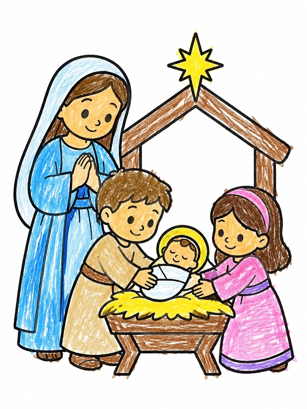 Colored example of the Children Placing Baby Jesus In Manger coloring page