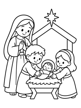 Free printable Children Placing Baby Jesus In Manger coloring page
