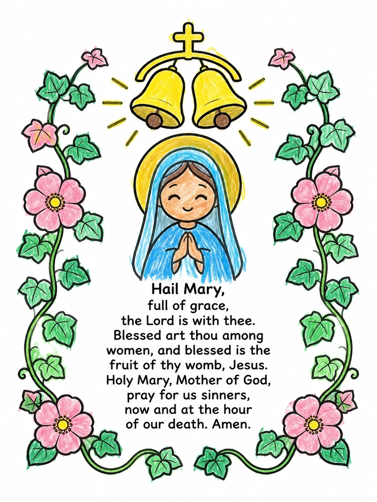 Colored example of the Hail Mary Prayer Floral Frame coloring page