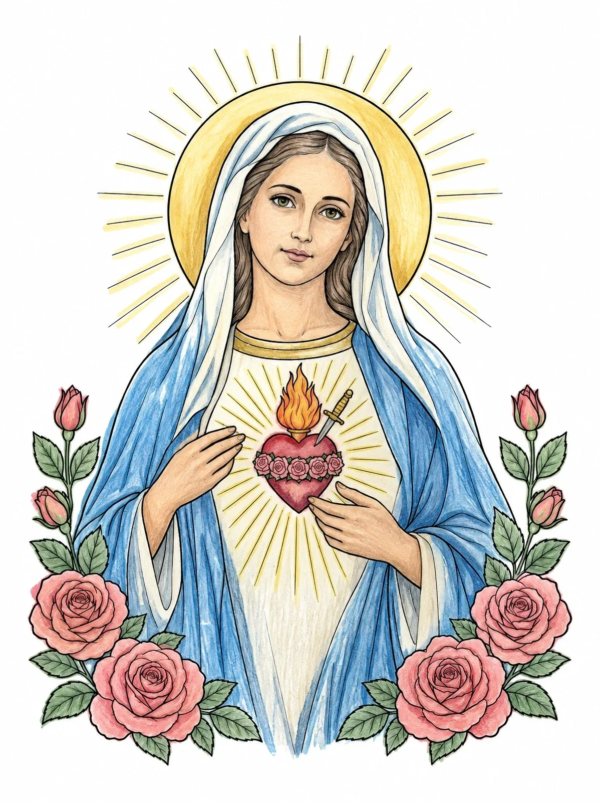 Colored example of the Immaculate Heart Of Mary With Roses coloring page