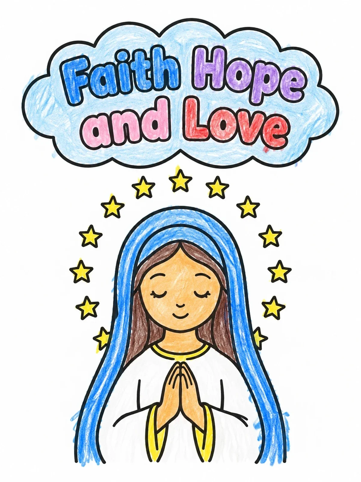 Colored example of the Mother Mary Praying With Stars coloring page