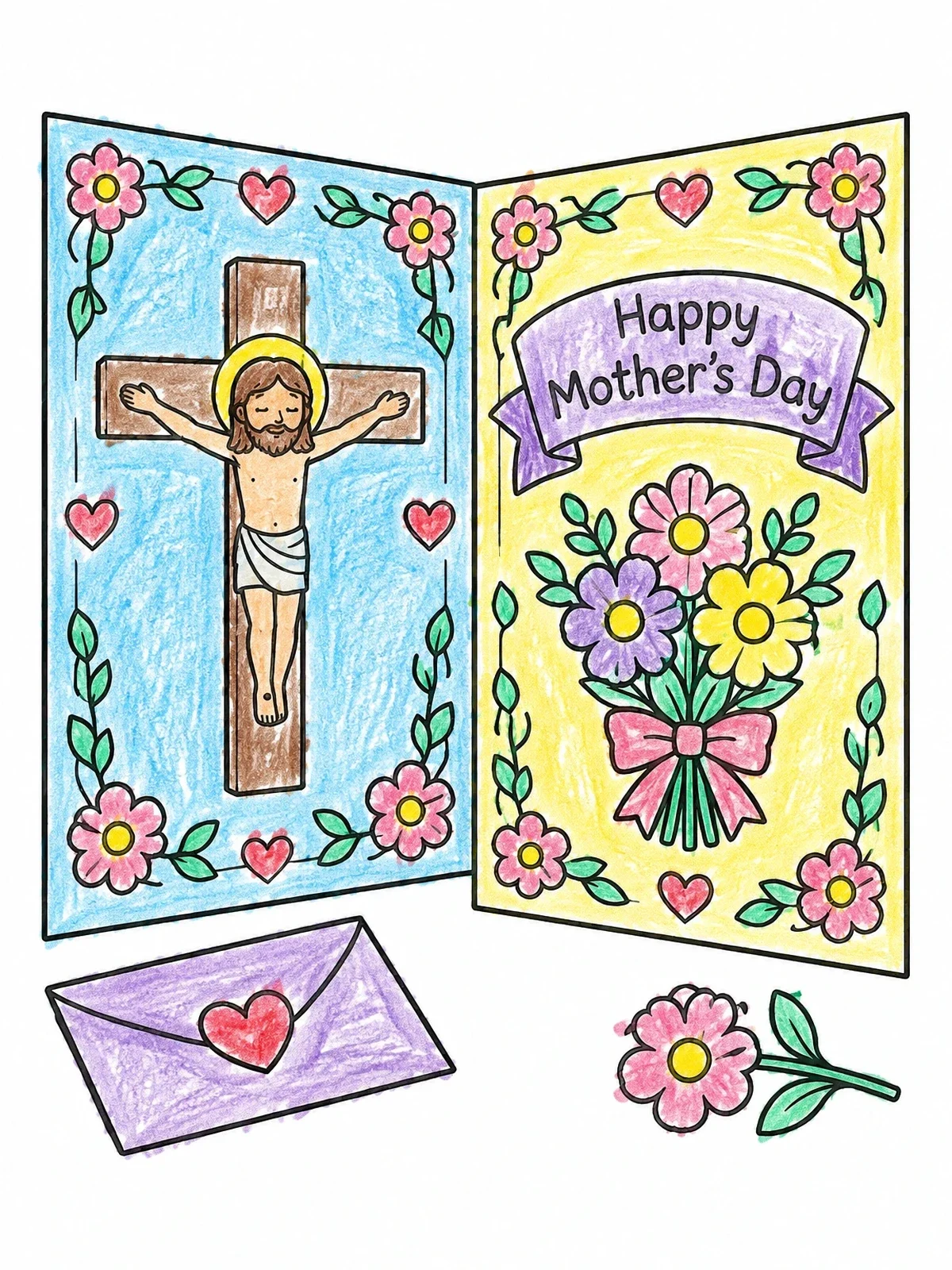 Colored example of the Mother's Day Card With Crucifix And Flowers coloring page