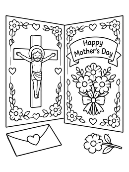 Free printable Mother's Day Card With Crucifix And Flowers coloring page
