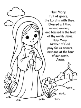 Free printable Praying Virgin Mary With Hail Mary Prayer coloring page
