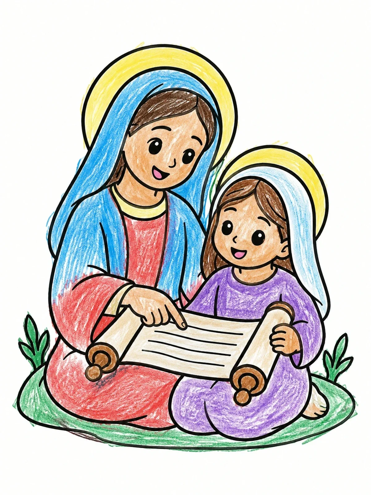 Colored example of the Saint Anne Teaching Young Mary coloring page