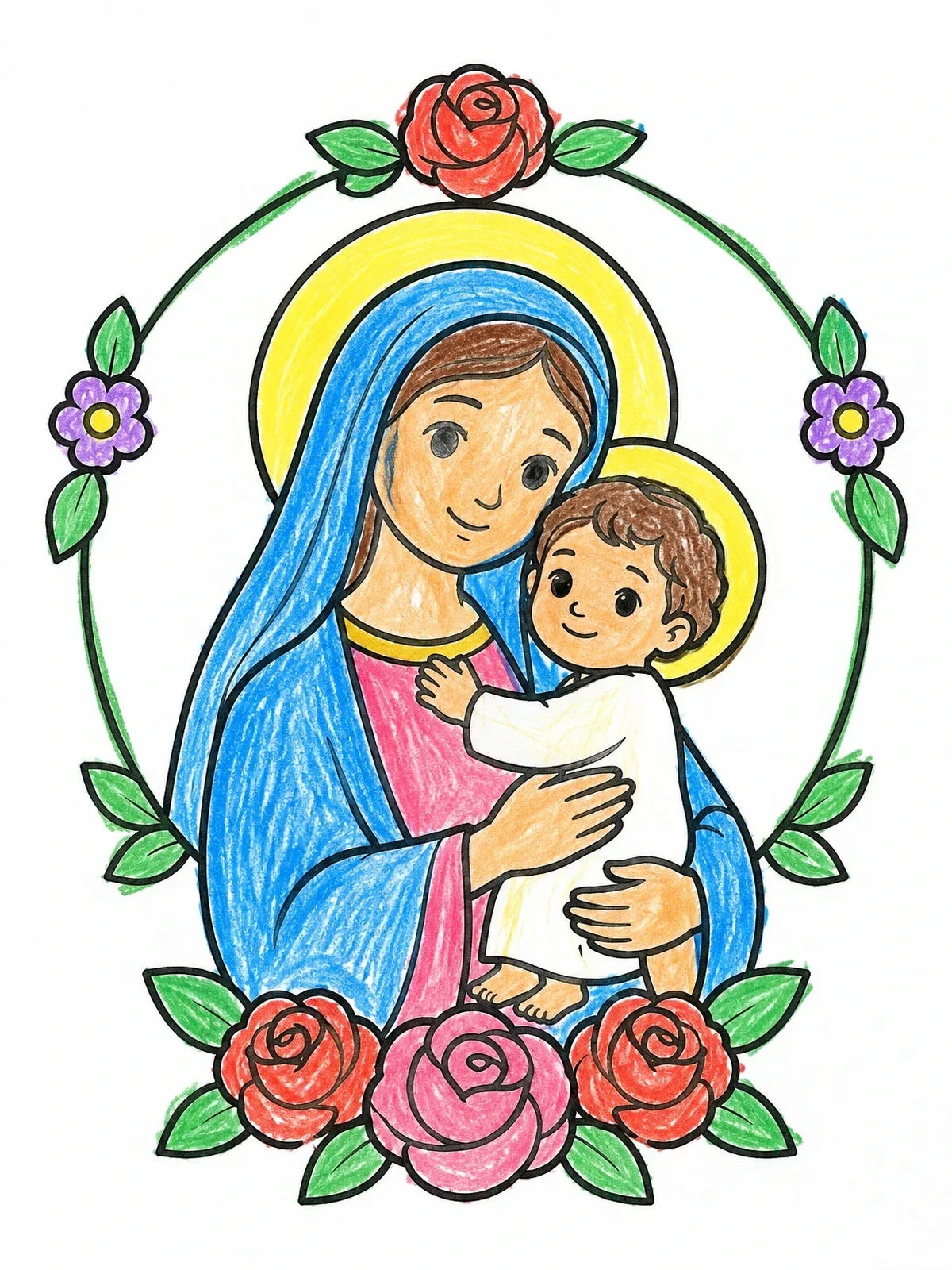 Colored example of the Virgin Mary Holding Baby Jesus coloring page