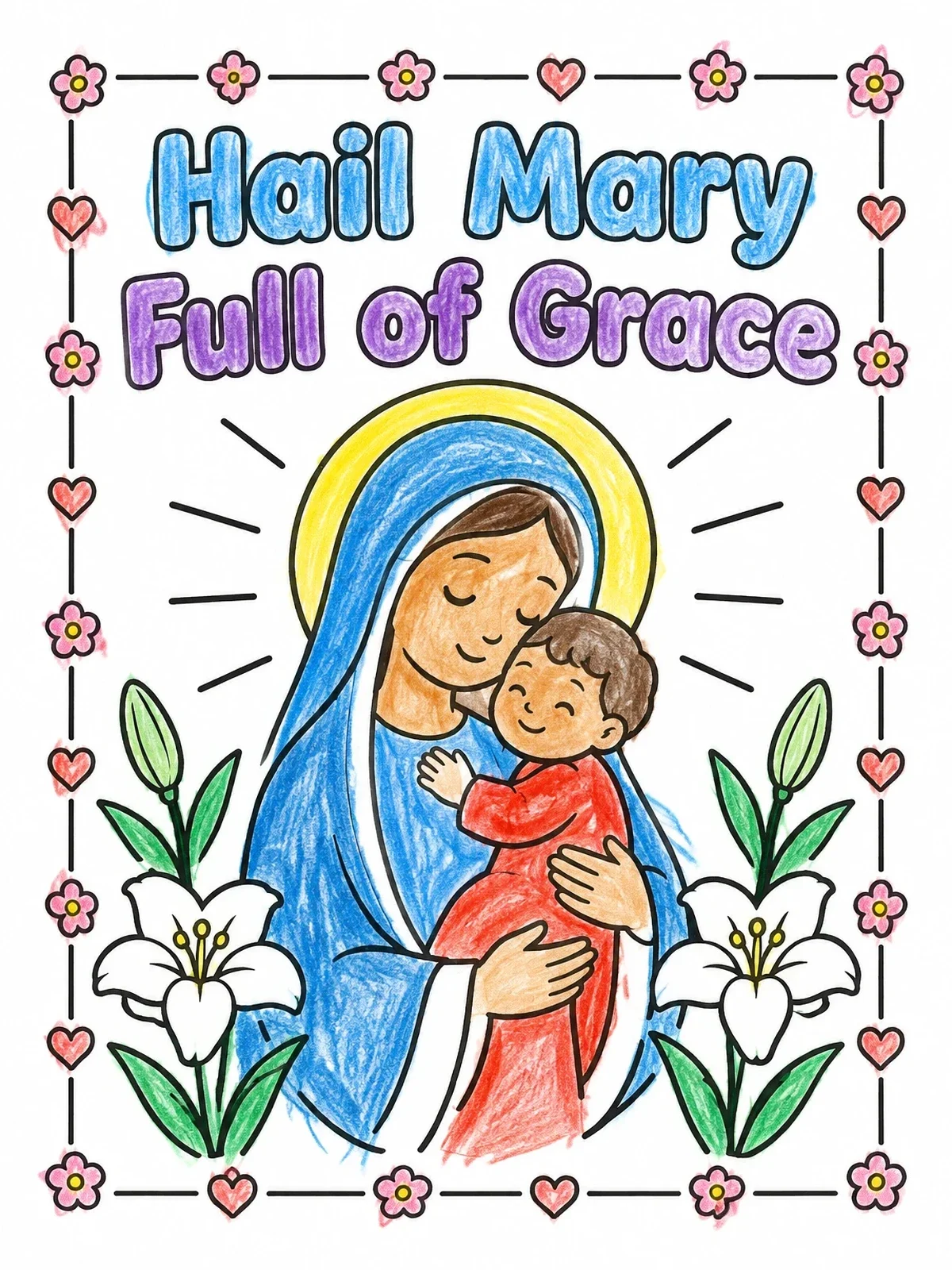 Colored example of the Virgin Mary Holding Infant Jesus coloring page