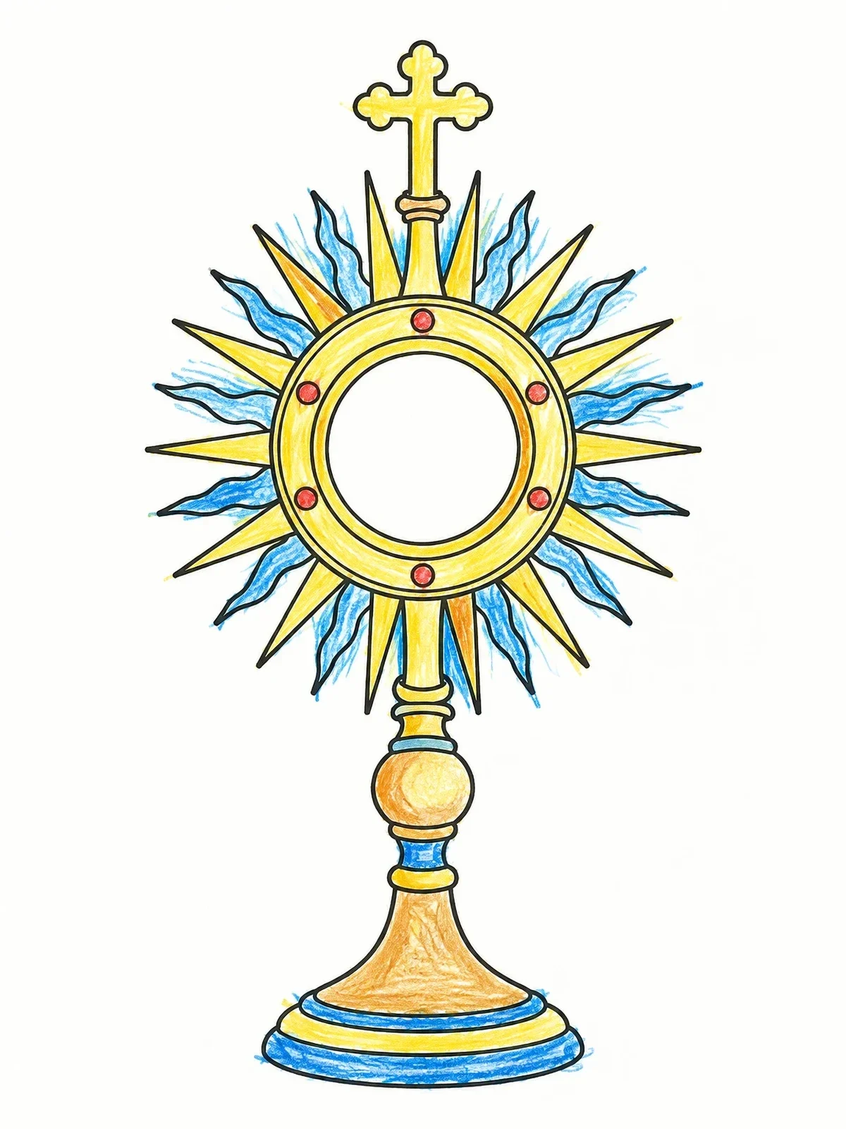 Colored example of the Ornate Catholic Monstrance With Cross coloring page