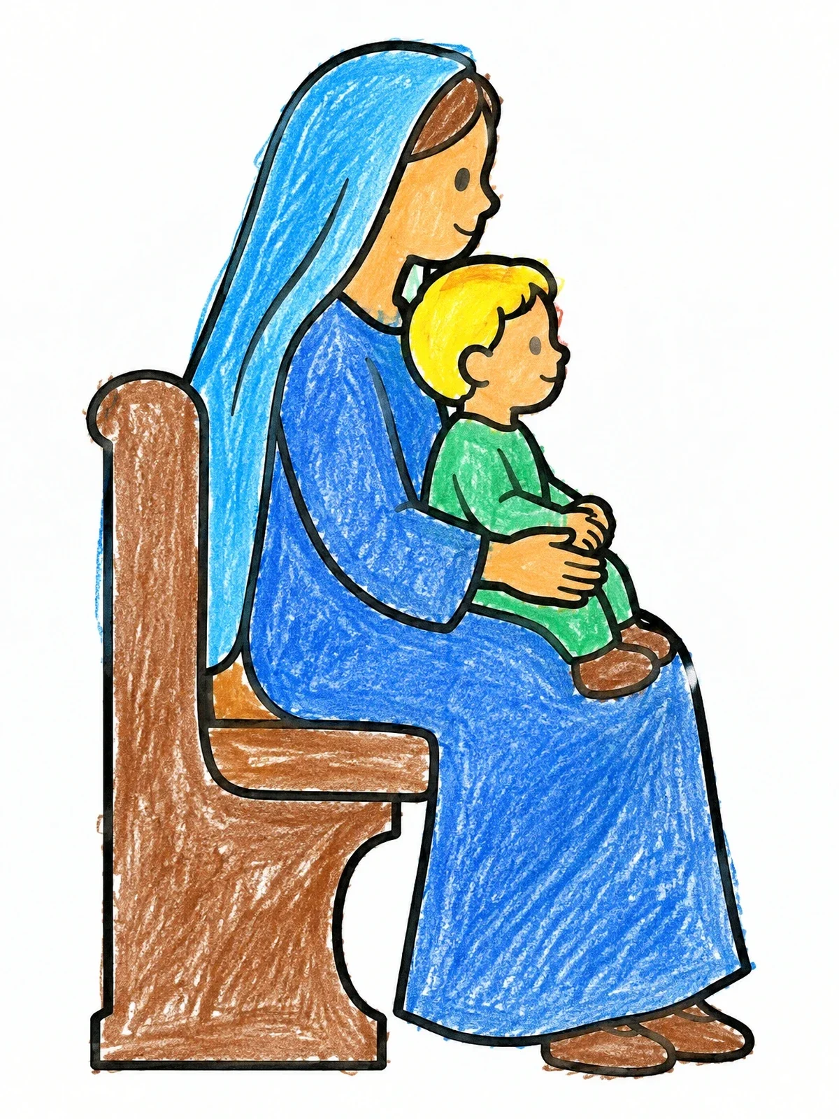 Colored example of the Catholic Mother And Child In Pew coloring page