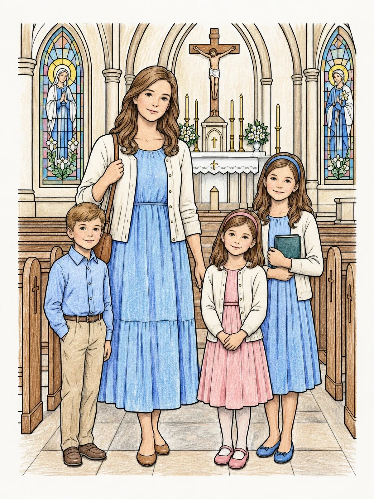 Colored example of the Catholic Mother With Children In Church coloring page