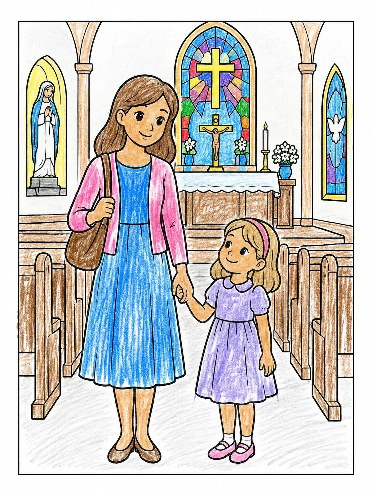 Colored example of the Mother And Daughter In Church Sanctuary coloring page