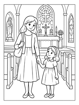 Free printable Mother And Daughter In Church Sanctuary coloring page
