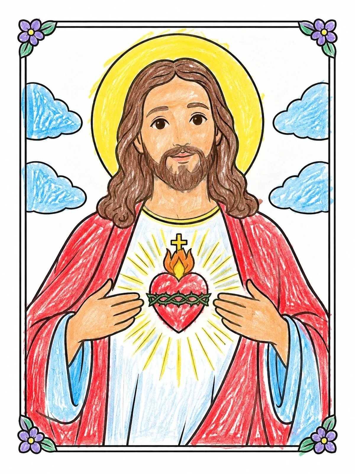 Colored example of the Sacred Heart Of Jesus Christ coloring page