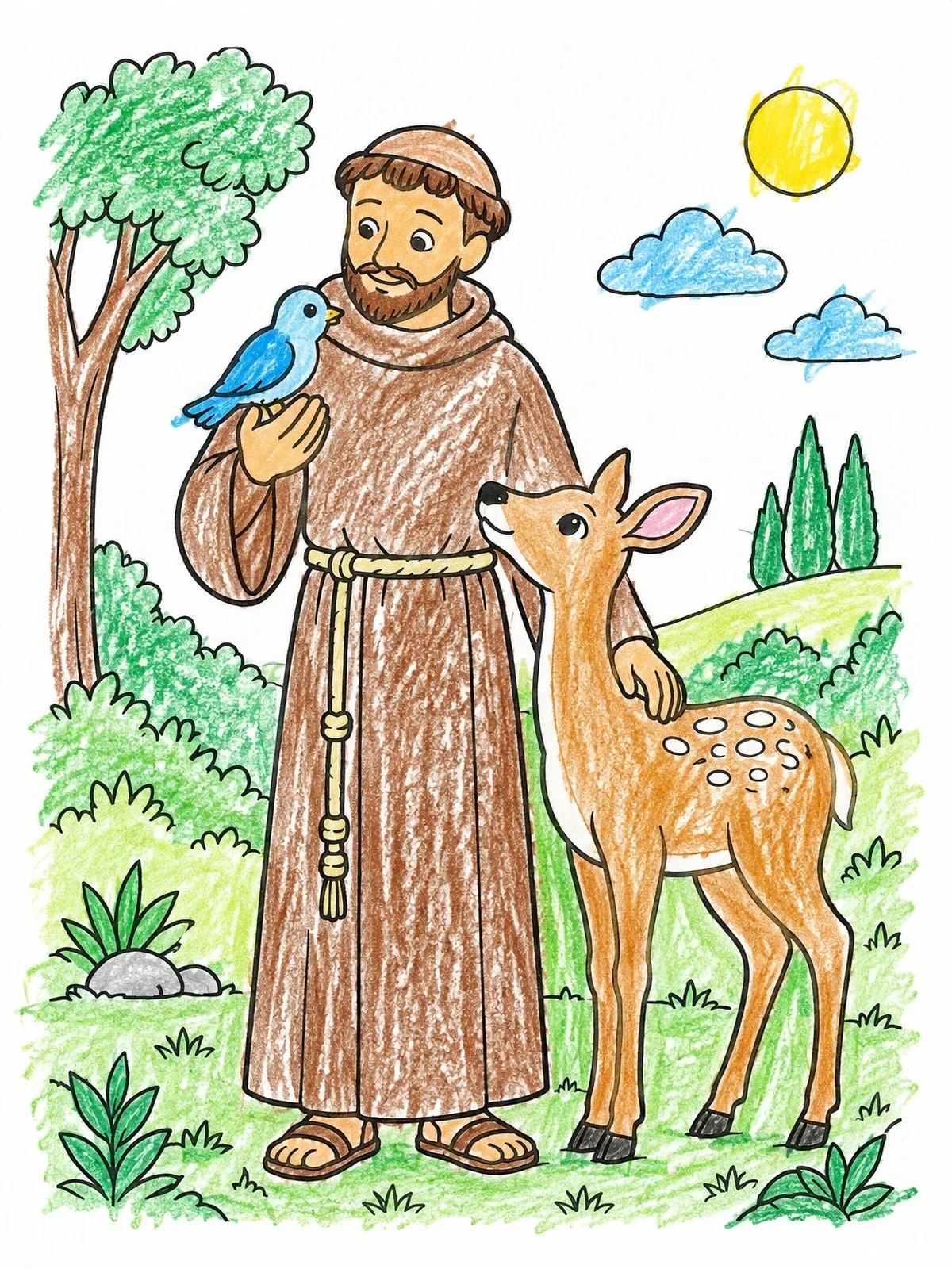 Colored example of the Saint Francis With Bird And Deer coloring page