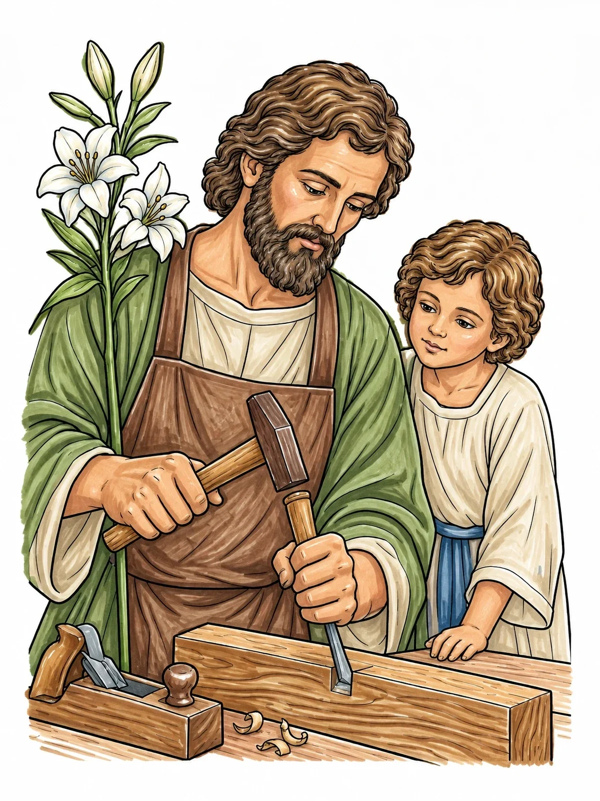 Colored example of the Saint Joseph And Young Jesus Carpentry coloring page