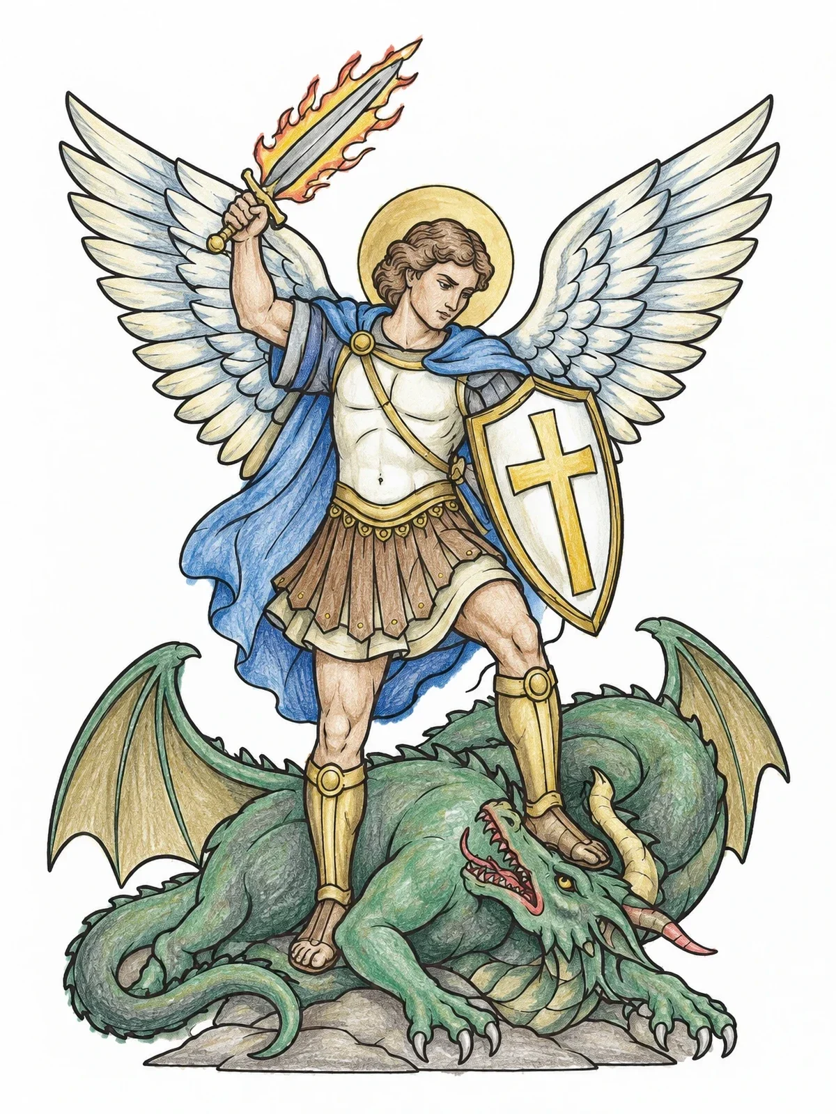 Colored example of the Saint Michael Defeating The Dragon coloring page