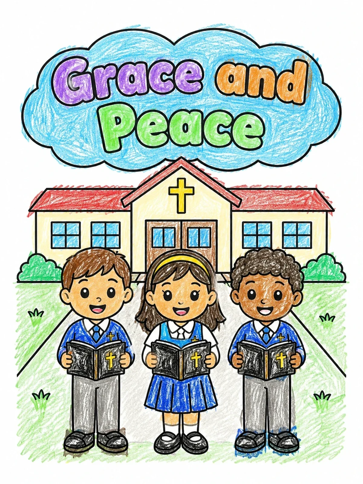 Colored example of the Catholic School Students Holding Bibles coloring page