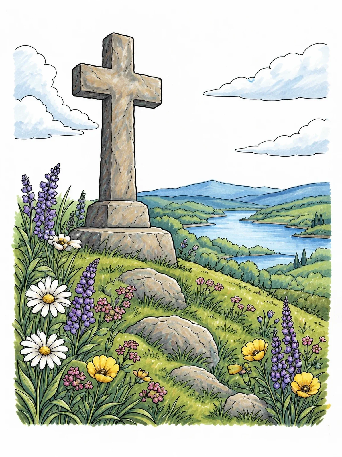 Colored example of the Stone Cross On Hillside With Wildflowers coloring page