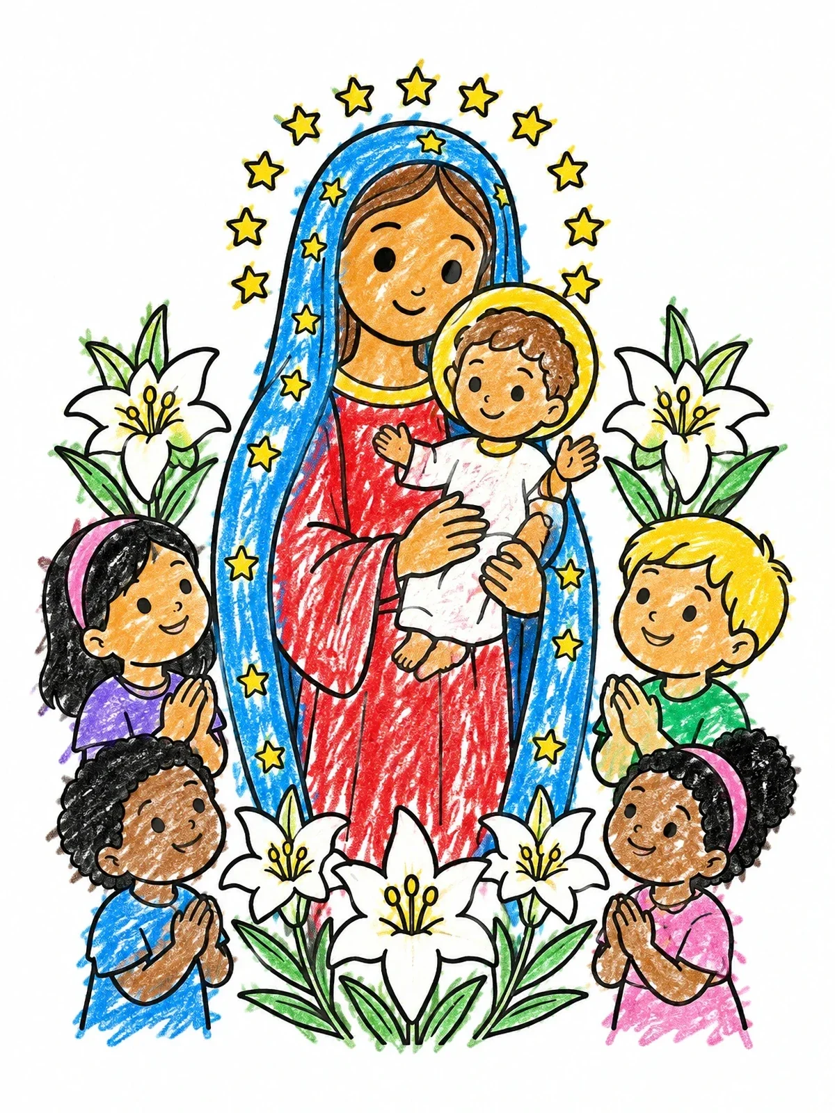 Colored example of the Virgin Mary And Baby Jesus With Children coloring page