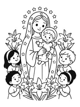 Free printable Virgin Mary And Baby Jesus With Children coloring page