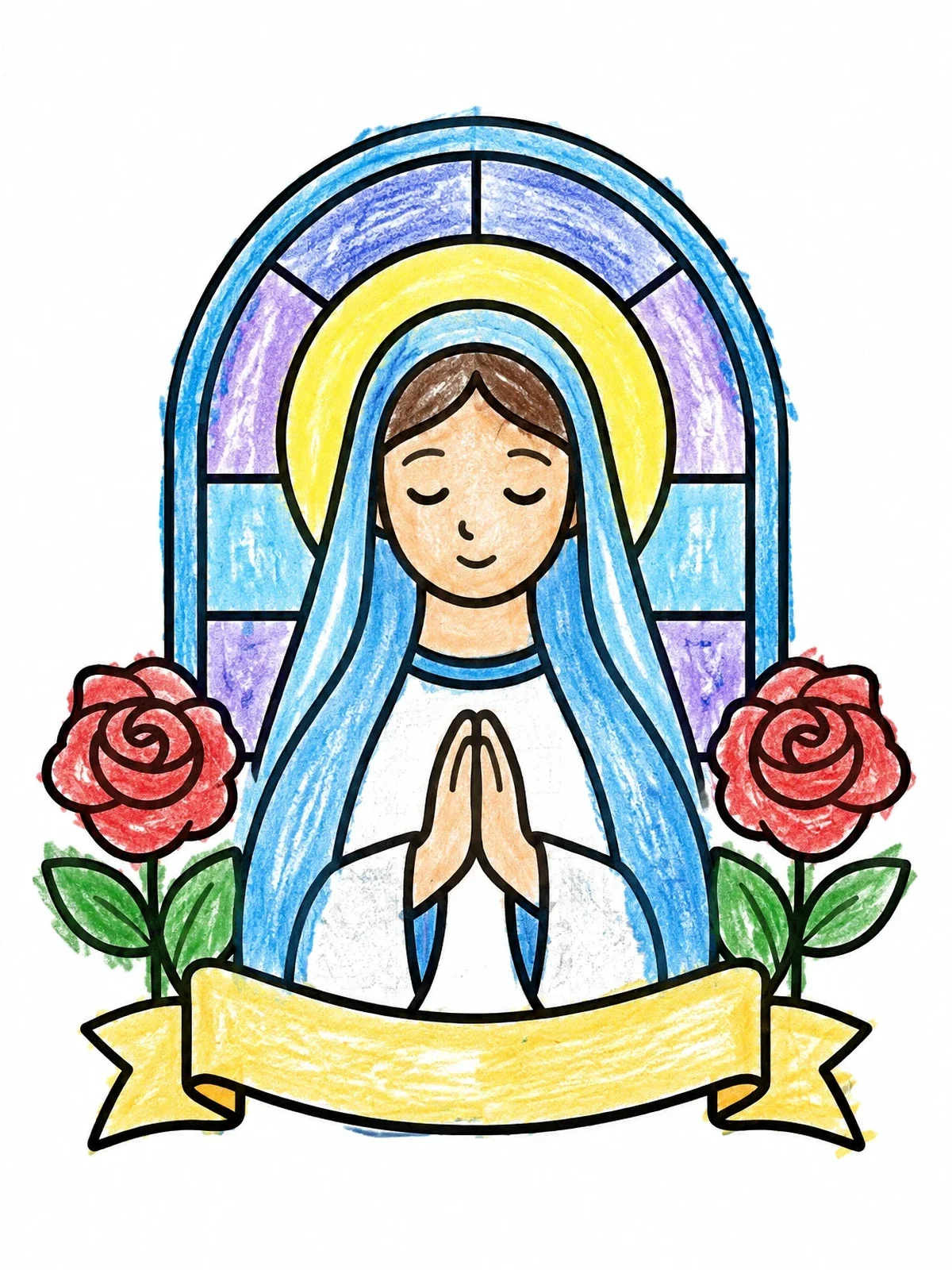 Colored example of the Virgin Mary With Roses And Banner coloring page