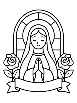 Free printable Virgin Mary With Roses And Banner coloring page