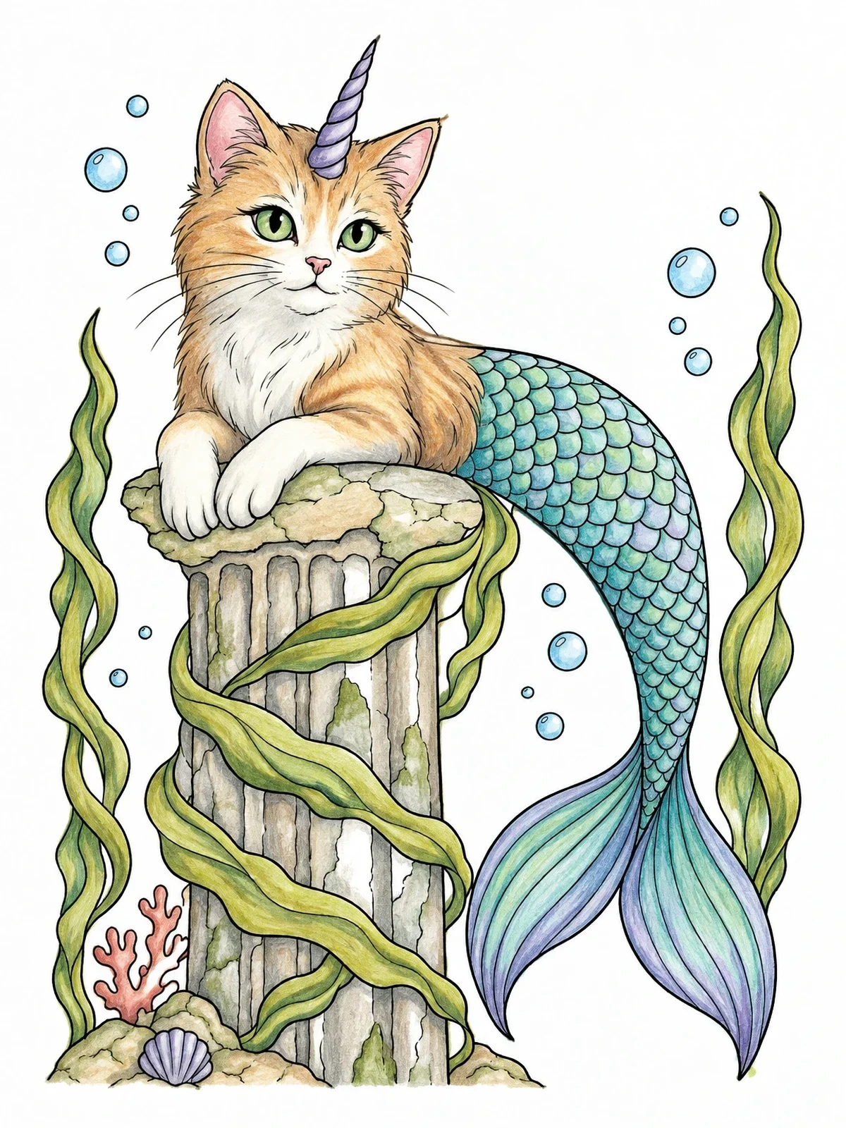 Colored example of the Caticorn Mermaid On Stone Pillar coloring page