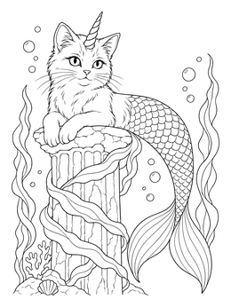 A magical caticorn rests underwater on a stone pillar in this mermaid cat coloring page.