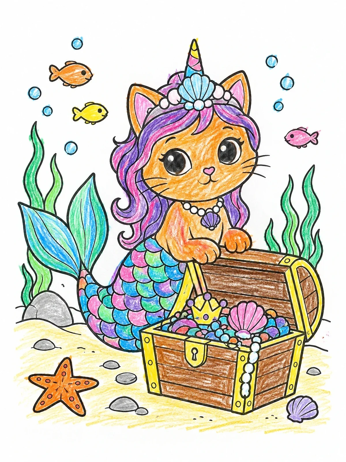 Colored example of the Caticorn Mermaid With Treasure Chest coloring page