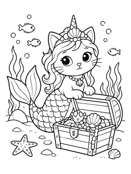 Free printable Caticorn Mermaid With Treasure Chest coloring page