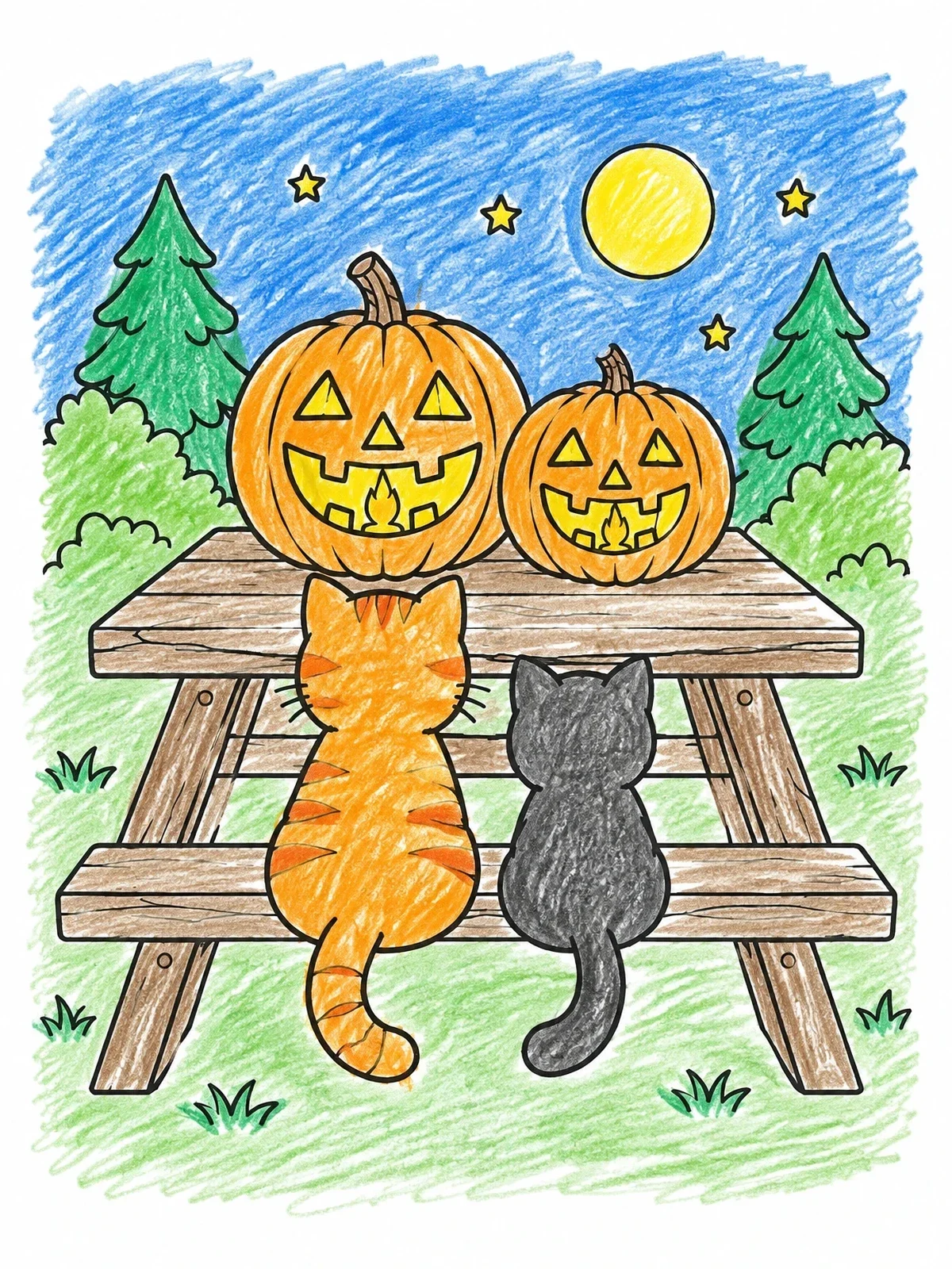 Colored example of the Cats Watching Halloween Jack O' Lanterns coloring page