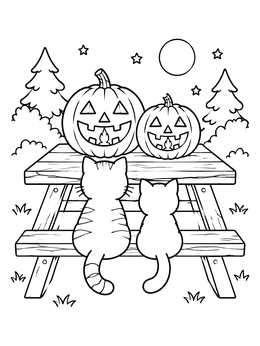 Two kittens looking at pumpkins on this halloween cat coloring page under a night sky.