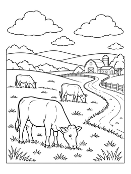 Cows grazing in fields near a barn on this heartland coloring page.