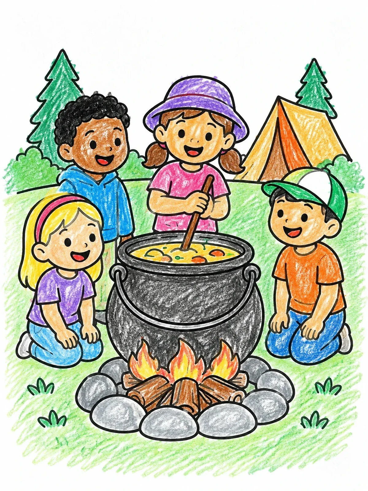 Colored example of the Happy Campers Cooking Around Campfire coloring page