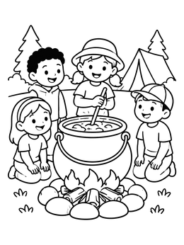 Free printable Happy Campers Cooking Around Campfire coloring page
