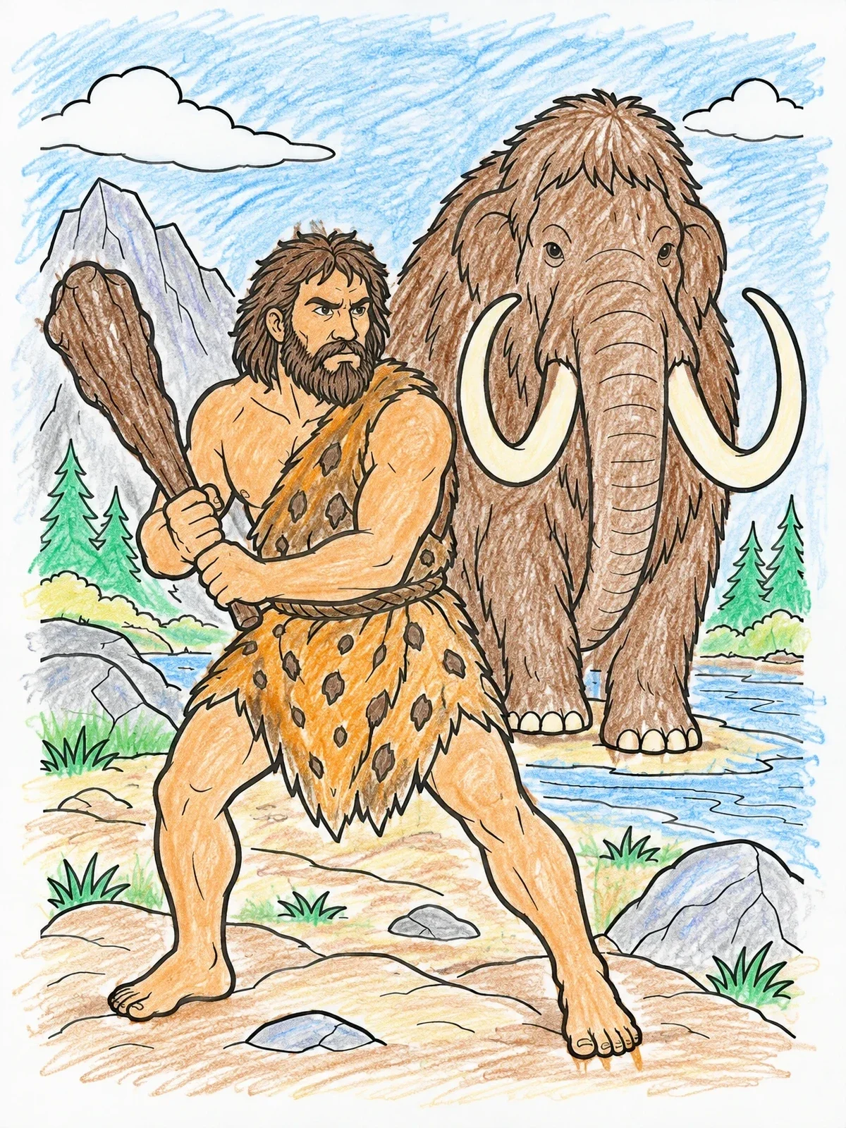 Colored example of the Caveman And Woolly Mammoth coloring page