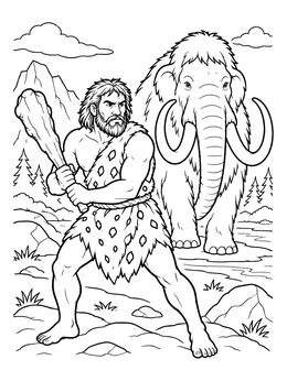 Strong prehistoric hunter on this caveman coloring page standing with a club in front of a woolly mammoth.