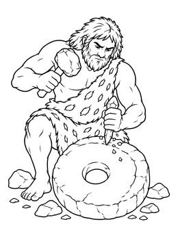 A focused caveman coloring page showing a primitive artisan carving a stone wheel with a chisel and mallet.