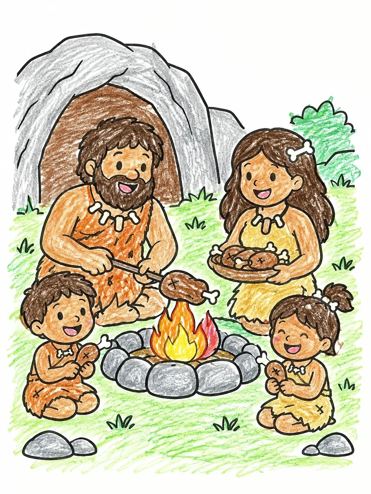 Colored example of the Cave Family Around The Campfire coloring page