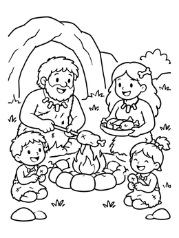 Free printable Cave Family Around The Campfire coloring page
